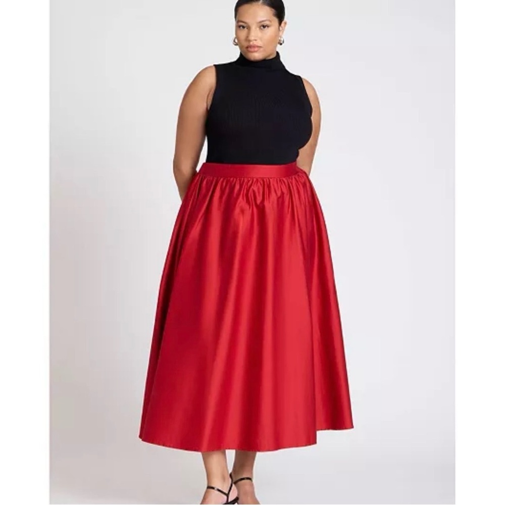Eloquii Red Midi Gathered Waist Full Skirt